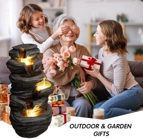 Stacked Rock Outdoor Water Fountain with LED Lights Cascading Tiered Garden Fountain Resin Decor for Patio Backyard Porch - Image 7