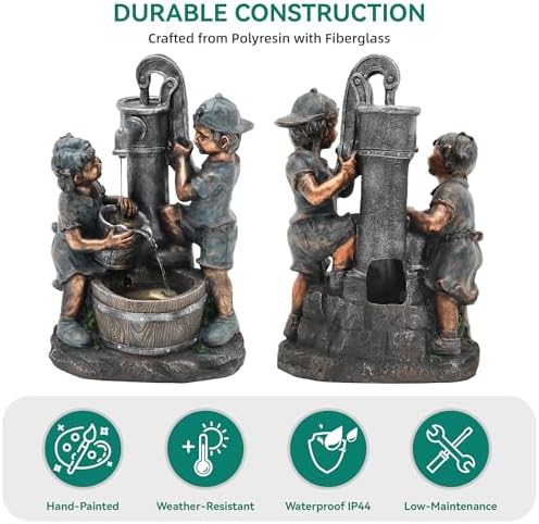 26" Boy and Girl Outdoor Fountain LED 3-Tier Cascading Waterfall - Image 5