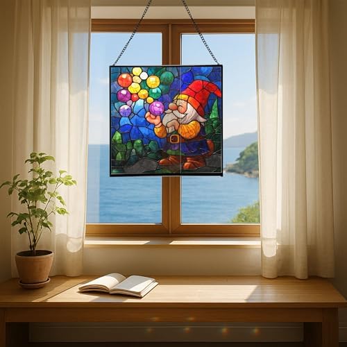 Bubble Blowing Gnome Stained Glass Suncatcher – Square Hanging Window Panel for Home or Greenhouse – Whimsical Glass Art Gift for Garden Lovers, Christmas, Halloween, Father Days VztFRs - Image 6