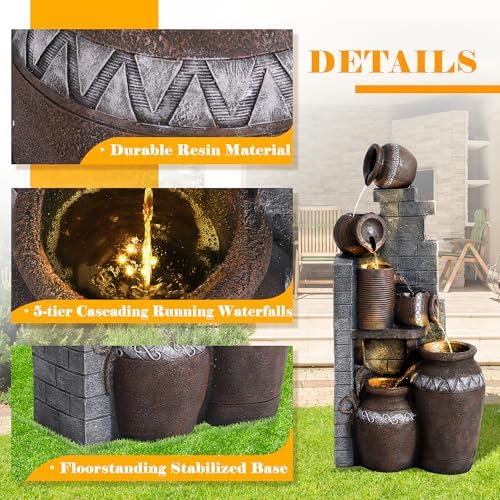 Outdoor Water Fountain 31.5" H Floor-Standing Cascading Garden Fountains, 6-Tiers Indoor/Outdoor Water Fountain with LED Lights for Garden Patio Backyard and Home - Image 6