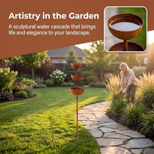 Water Barrels Rain Catcher from Gutter - Metal Flower Garden Stakes Bird Bath, 3-Tier Butterfly Feeder and Bird Water Bowl, Faux Rust Iron Garden Accessories Outdoor for Butterfly Garden Decor (3) - Image 5