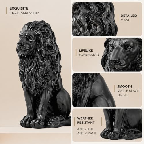 20.7" Black Lion Statue Outdoor Decor, Resin Sitting Lion Sculpture, Majestic Guardian Animal Figurine for Garden, Patio, Porch, Entryway, Courtyard, Lawn & Indoor Home Decoration - Image 6
