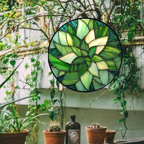 Green Leaf Flower Stained Glass Window Hanging Suncatcher Gift for Mom 15" - Image 5