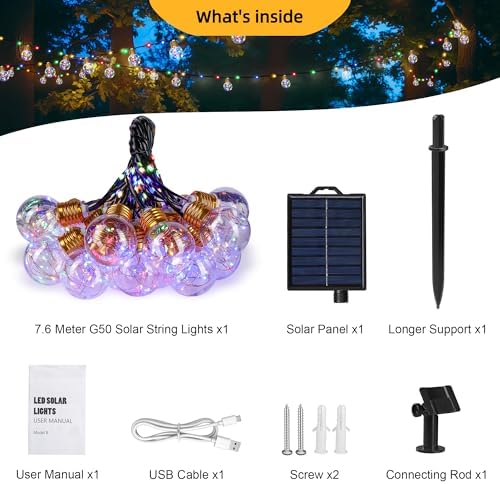 MERRIMAX M Solar String Lights Outddor, 257LEDs 25Ft Solar Powered Fairy Lights with 20 G50 Bulbs, 8 Modes Waterproof Solar Patio Lights Outside for Fence Camping Porch Balcony Decor (Multicolored) - Image 5