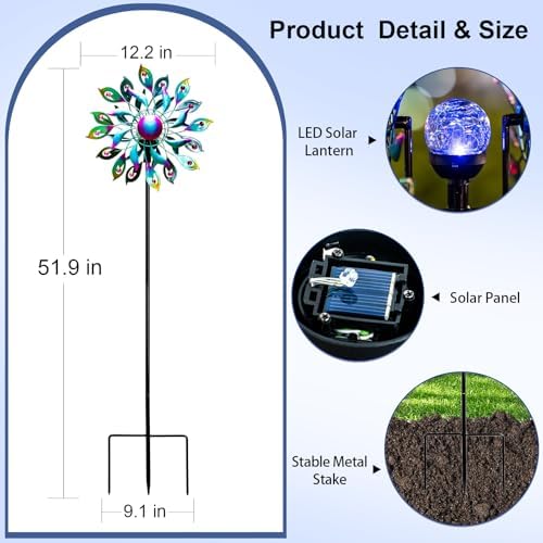 360°Peacock Solar Wind Spinner with Lights Blue Metal Garden Outdoor Decor Yard Lawn Art Decor for Patio Kinetic Windmills Unique Gifts for Friends and Family 51.9' H x 12.2'' Dia - Image 4