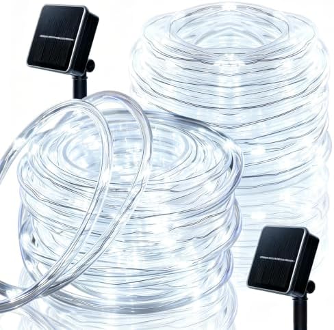 Solar Rope Lights Outdoor Waterproof 2 Pack, 66ft 200 LED White String Lights with 8 Modes, Flexible Clear Tube Fairy Lights Auto On/Off for Garden Patio Fence by Rirool