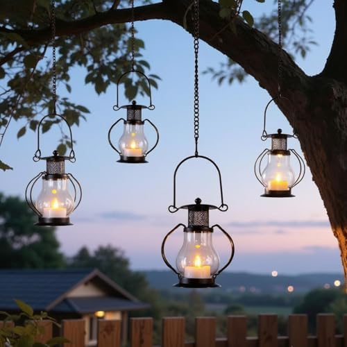 Solar Hanging Lanterns Outdoor Waterproof, Vintage Mini Metal Lantern with Flickering Solar Powered Tea Lights, Perfect Chargeable Solar Lights for Backyard Patio Garden Fence Tree Decoration-4Pack by TWINKVILLA