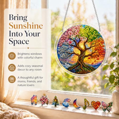 Acrylic Jigsaw Puzzle Suncatcher - 7/8/9 in Sun Catcher Puzzle Garden Decoration, DIY Sun Catcher Kit Home Decor for Window Garden Hanging, Gift for Women, Mom, Friends (Tree of Life, 9 in) - Image 2