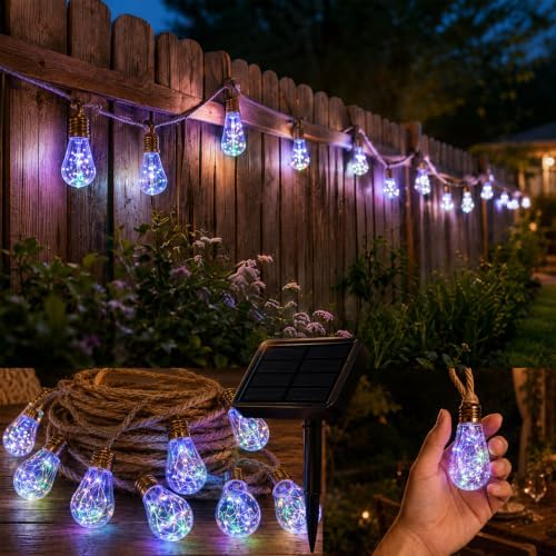 Boho Fairy String Lights Outdoor Solar Powered, Vintage Rope Hemp Bulb LED Patio Lights, Waterproof Shatterproof Backyard String Lights for Garden Fence Decor (Multicolor - 25lights, 456, Inches) by Unknown