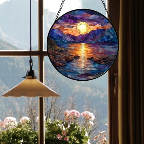 Stained Glass Window Hanging - Blue Purple Lake View Suncatcher for Door Terrace Garden Home Decor Sunset Landscape Sun Catcher Birthday Gifts for Lovers Women Men Dad Mom Nana 9.8 in - Image 4