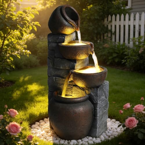 4-Tier Outdoor Garden Water Fountain with LED Lights, Cascading Resin Stone Look Waterfall for Patio, Yard, Porch, or Landscape Decor by Secsofier