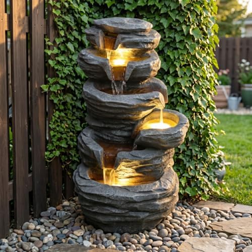 Outdoor Waterfall Fountain with LED Lights Cascading Rock Water Feature Weather-Resistant Resin Garden Decor for Patio Yard Porch Landscape by Unknown