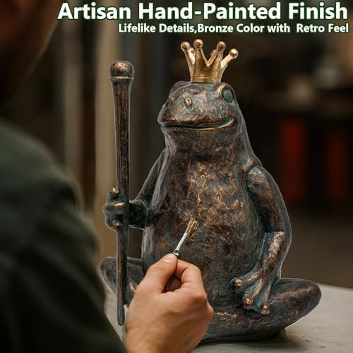 Frog Garden Statue, Yard Decorations Outdoor Decor, Weather-Resistant Animal Figurines & Sculptures, Seated Prince Frog with Scepter for Patio & Lawn, 11.5" H×9.8" L - Image 2