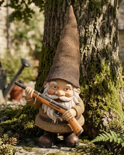 Elenon Garden Gnome Outdoor Statue, 10.6'' High Funny Dwarf with Gun Figurine Decor, Resin Sculpture for Patio Yard Lawn Porch Decoration Ornaments Gift by ELENONSTATUE