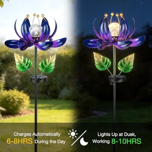 AIINY Solar Purple Metal Flower Wind Spinners, Colorful Spinning Windmill Lotus Yard Art Lights with LED Crystal Ball Decorative Stake Lighting Flower Sculpture - Image 6