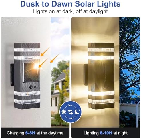 2 Pack Solar Outdoor Wall Lights with 3-Mode Motion Sensor Outside Sconces Up Down Solar Porch Light Fixtures 3000K 500LM Dusk to Dawn Modern Exterior Wall Lamp for House Garage Front Door - Image 5