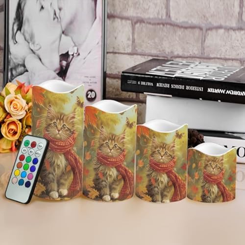 Fall Maple Leaves and Cat Flameless Candles with Timer and Remote Battery Operated LED Candles Color Changing Thanksgiving Day Party Pillar Candles Bulk Fake Candles for Festival Home Decor - Image 4