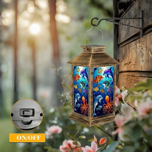 Solar Lantern Outdoor Waterproof Colorful Underwater Marine Life Stained Glass Art Dolphins Fish Garden Decor LED Hanging Solar Lights Tabletop Lamp Gifts for Women Mom Outside Yard Patio Porch - Image 5