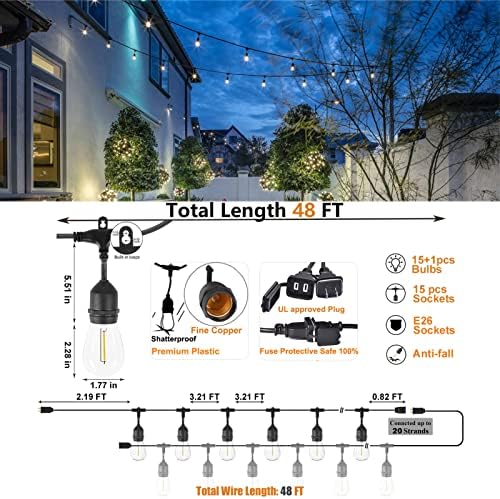 Achin Outdoor String Lights 48FT Dimmable Warm 2200K LED Patio Lights Outdoor Waterproof with 16 Plastic Bulbs Shatterproof String Lights for Outside Deck Gazebo Bistro Lights - Image 2