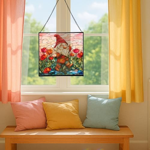 Poppy Meadow Gnome Stained Glass Suncatcher – Square Hanging Window Panel for Home or Greenhouse – Whimsical Glass Art Gift for Garden Lovers, Christmas, Halloween, Father Days Yxk5rr - Image 5