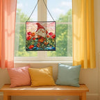 Poppy Meadow Gnome Stained Glass Suncatcher – Square Hanging Window Panel for Home or Greenhouse – Whimsical Glass Art Gift for Garden Lovers, Christmas, Halloween, Father Days Yxk5rr - Image 5