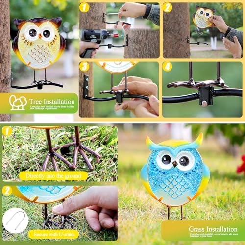 Owl Garden Decor Set of 3 Metal Glass Stand Tree Hugger Fence Outdoor Stake - Image 2