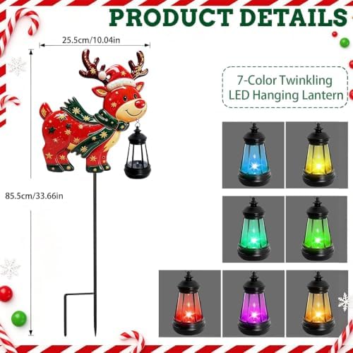 Solar Christmas Deer Stake with Lantern, Metal Solar Lights Garden Decor - Image 2