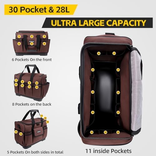 19-Inch Tool Bags For Men Heavy Duty, 29 Pockets Large Tool Organizer Bag with Hard Plastic Bottom & Waterproof Oxford, Electrician Tool Bag for HVAC Mechanic Contractor Construction Work - Image 3
