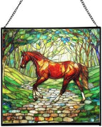 Chestnut Standardbred Horse Trotting Down Hillside Road Square Suncatcher – Stained Glass Style Window Panel with Pastoral Scene, Custom Decorative Hanging Art for Equestrian Home, Christmas gld8kR by Custom