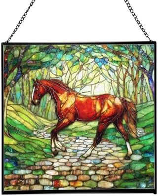 Chestnut Standardbred Horse Trotting Down Hillside Road Square Suncatcher – Stained Glass Style Window Panel with Pastoral Scene, Custom Decorative Hanging Art for Equestrian Home, Christmas gld8kR by Custom