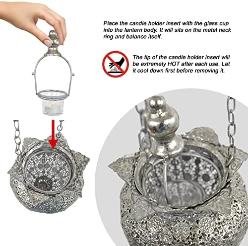 Westcharm Antique Silver Oriental Moroccan Ramadan Lantern Metal Hanging Pendant Light Candle Lantern Lamp Decorative Decor Indoor Outdoor - Small - Image 6