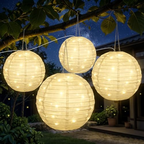 Solar Lantern Outdoor Waterproof 4 Pack 12inch,Upgraded 160LED Hanging Lanterns Lights 8 Modes, Dual Charging (Solar+USB), Solar Garden Light for Patio Tree Yard Decor, Birthday Gifts,Warm White by Bawoo