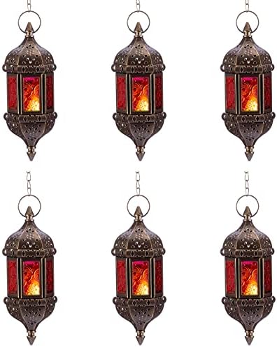 6 Pcs Hanging Hexagon Decorative Moroccan Candle Lantern Holders, Handmade Hanging Tea Light Holder in Bronze Metal & Red & Purple Glass Gift & Decor Items by Nuptio