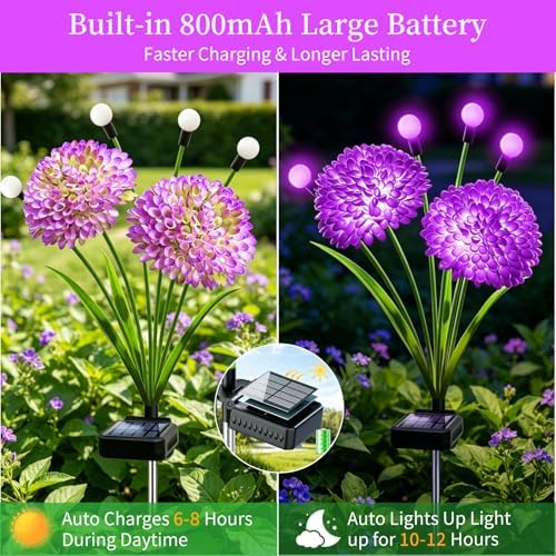 VOOKRY Solar Flowers Outdoor Waterproof, 2 Pack Purple Garden Lights with Swaying Firefly Lights, Flower Light Garden Decor for Yard Patio Pathway Lawn Grave, Gardening Gifts for Women Birthday - Image 3