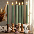 6 Pack, 10" LED Flameless Real Wax Sage Olive Loden Green Fluted Ribbed Grooved Taper Candles, Remote & 24h Timer Memory, On/Off Button, Dimmable, Flicker Mode, Battery Operated, Wedding by WestIvory