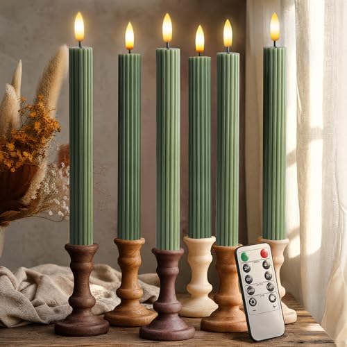 6 Pack, 10" LED Flameless Real Wax Sage Olive Loden Green Fluted Ribbed Grooved Taper Candles, Remote & 24h Timer Memory, On/Off Button, Dimmable, Flicker Mode, Battery Operated, Wedding by WestIvory