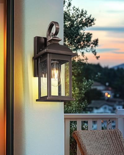 FEMILA 2-Pack Outdoor Wall Sconce Lights Oil Rubbed Bronze, 15" Exterior Outdoor Light Fixtures Wall Mount with Seeded Glass, for Front Porch Patio Garage, 4FD54B-2PK ORB - Image 3