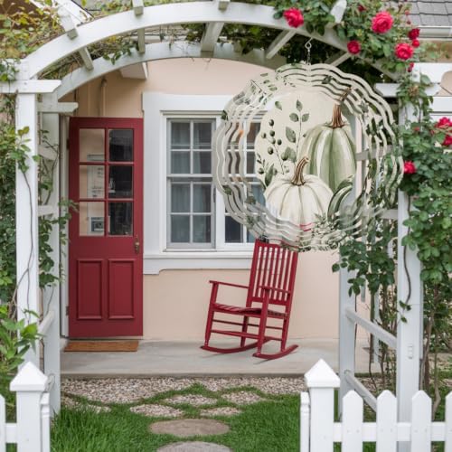 10 Inch Thanksgiving Fall Wind Spinner for Yard and Garden,Green Pumpkin Autumn Eucalyptus Rustic Floral Hanging Ornaments Outdoor 3D Kinetic Wind Sculpture Spinners Indoor Outdoor Patio Décor Gift - Image 4