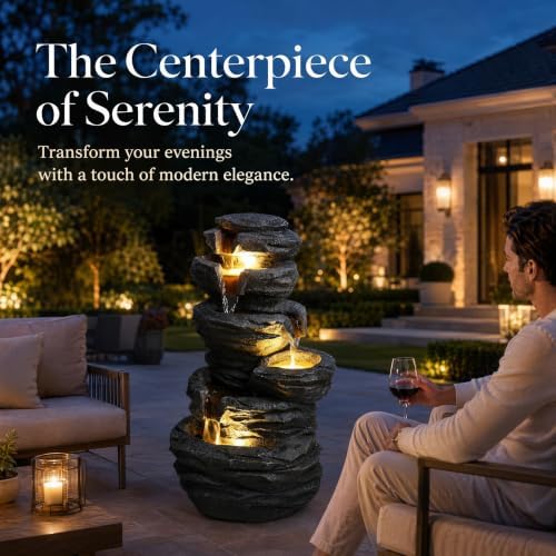 Outdoor Water Fountain with LED Lights, 25.6" Cascading Water Feature with Planter, Freestanding Modern Garden Fountain for Patio, Balcony, Backyard, Porch, Housewarming Gift - Image 3