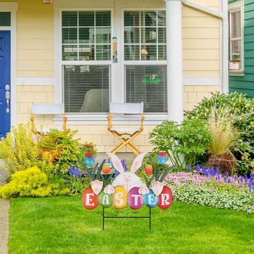 YEAHOME Easter Decorations Outdoor, Easter Letter Bunny Decorative Garden Stakes with Flowers, Metal Colorful Yard Signs for Outside Garden Porch Lawn Backyard Decorations - Image 3
