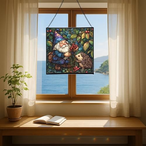 Gnome and Hedgehog Friends Stained Glass Suncatcher – Square Hanging Window Panel for Home or Greenhouse – Whimsical Glass Art Gift for Garden Lovers, Christmas, Halloween, Father Days G365BU - Image 6