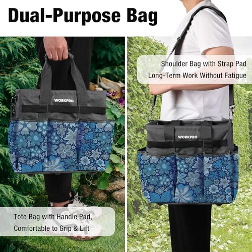 WORKPRO Garden Tool Bag, 10 Pockets and Shoulder Strap, Floral Blue - Image 6