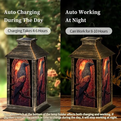 Solar Lantern Majestic Raven Stained Glass Style Radiant Evening Sky Outdoor Waterproof Garden Hanging Lantern Solar Powered Lighting Outside Table Lamp for Patio Deck Camping 1 Pack - Image 3