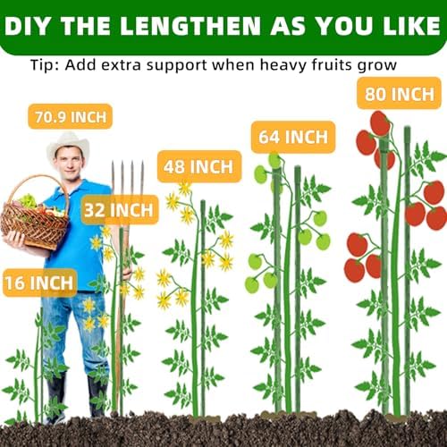 Fabulas Garden Stakes 16 Inch 70 Pack, Diy 4ft 5ft 6ft 7ft 8ft Tomato Stakes Plastic Coated Metal Plant Sticks Stakes Supports with 40 Connectors 30 Rotatable Clips for Indoor Outdoor Plants Vegetable - Image 3