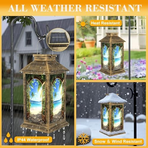 Solar Lantern Outdoor Waterproof Window Beach Sunset Ocean Landscape Palm Tree Tropical Coastal Scenery Garden Decor LED Solar Lights Hanging/Tabletop Lamp Gifts for Women Mom for Outside Yard Patio - Image 3