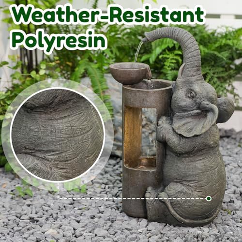 Tankana Elephant Waterfall Fountain for Indoor Desktop & Outdoor Use Small Garden Water Feature with LED Light Quiet Mini Cute Table Water Fountains for Patio, Yard, Home Decor - Image 5