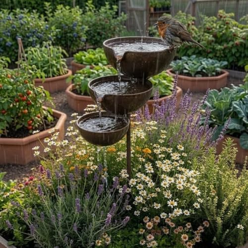 Rain Catcher Bird Bath Tiered, 3 Tiered Rain Catcher Birdbath Copper Patina, Rust Patina Metal Rain Catcher Garden Stake with Water Bowl, Bird Water Bowl Feeder for Yards,Lawns,Gardens Decoration (B) - Image 5