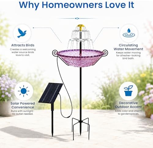 Solar Fountain for Bird Bath Outside, Garden Water Feature with Ground Stake Stand or Hanging Style for Patio, Yard & Lawn (B-XL-Purple) - Image 5