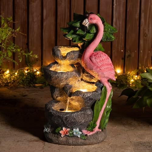 Glitzhome Outdoor Water Fountain, 4-Tiered Flamingo Outdoor Fountain with Lights, 23.5" H Polyresin Decorative Waterfall Feature Garden Fountain with Pump for Garden, Patio, Yard, Deck, Porch Decor - Image 2