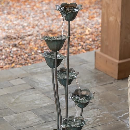 XBrand 35" Tall Silver Metal Sculptural Flower Multi-Tier Freestanding Water Fountain for Indoor & Outdoor Use, Decorative Garden Patio Backyard Water Feature - Image 4